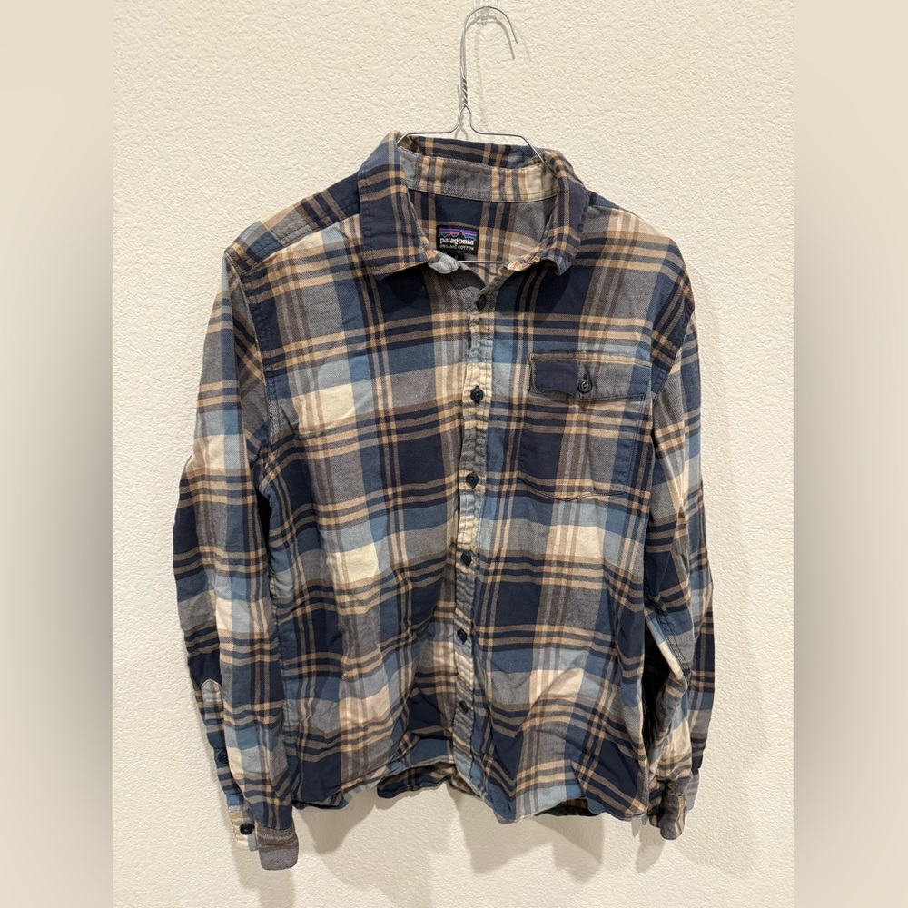 Patagonia Tan and Blue Plaid Shirt